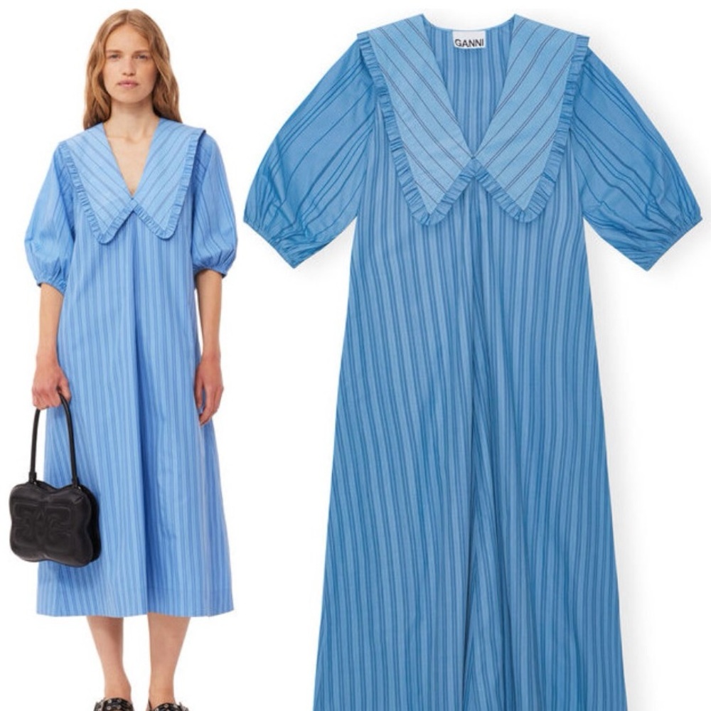 ISO Ganni re cut striped cotton v neck midi dress